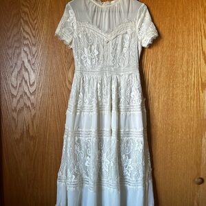 bohme Ivory Lace Midi Dress with Short Sleeves